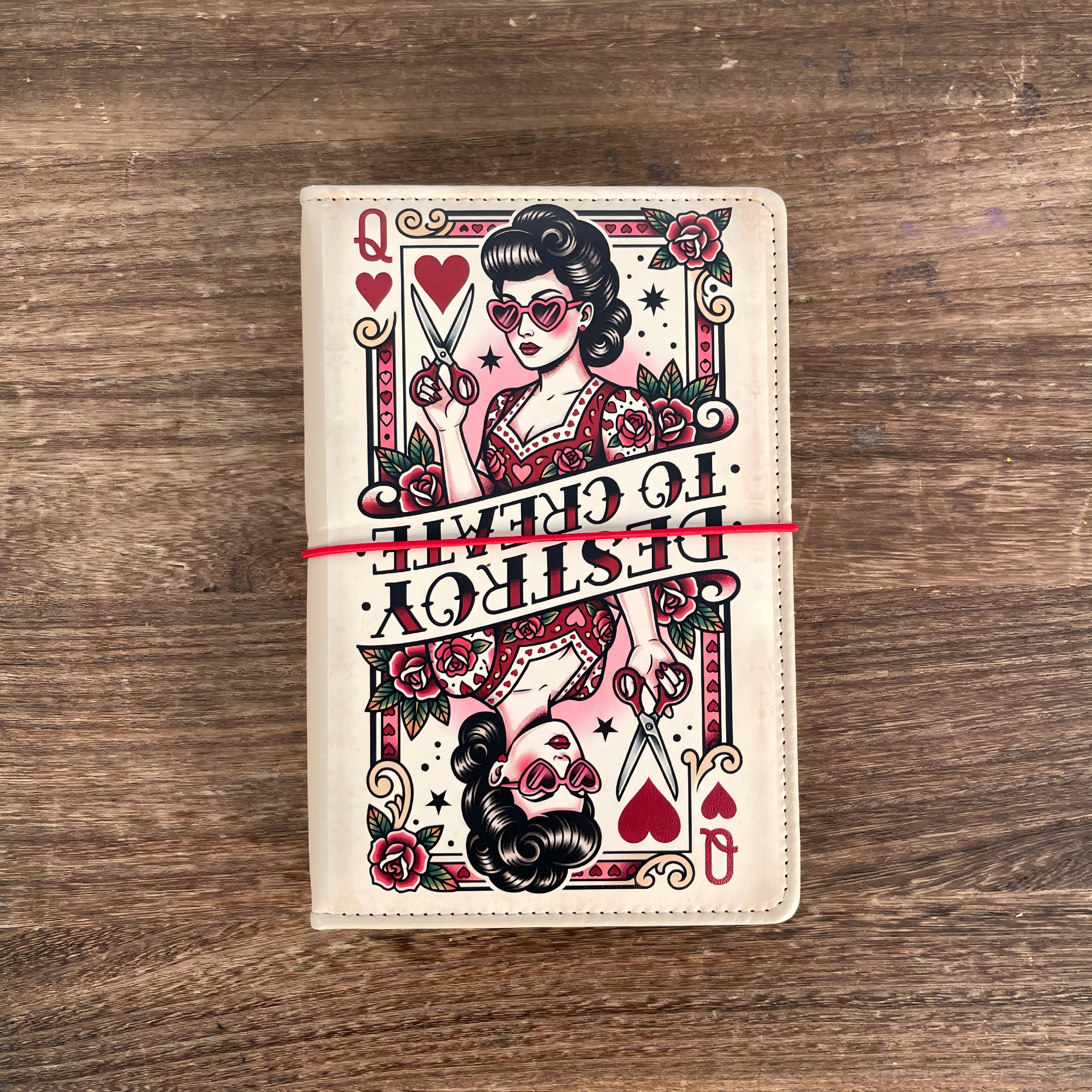 “Destroy to Create” Queen of Hearts A6 Binder Cover (Cover Only, No Inserts) – Vintage Tattoo Art Planner Cover with Elastic Band