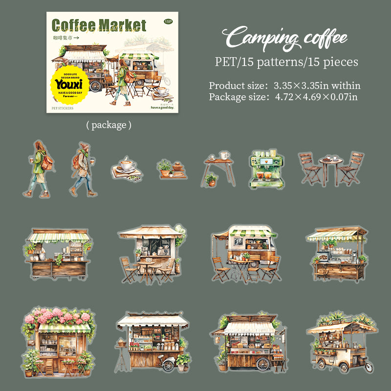 0529 Coffee bazaar PET Sticker -15Pcs each pack