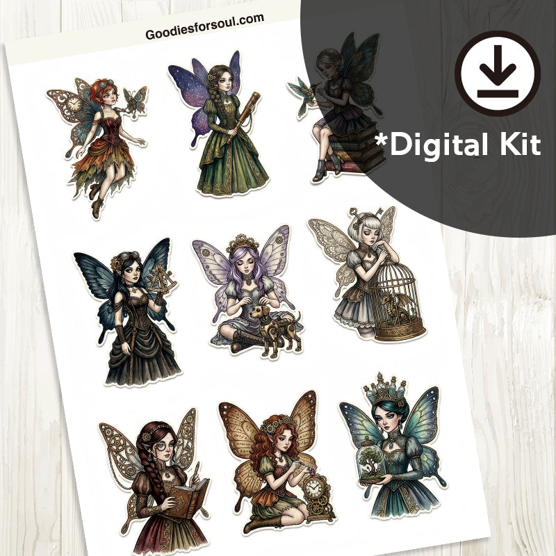 [Digital Download] 9 Steampunk Fairy Characters | Digital Ephemera for Junk Journals | Goth Fae Art