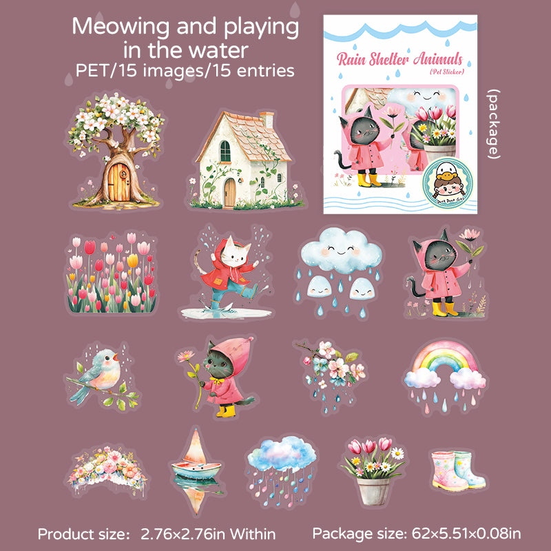 0630 Animals hiding from the rain PET sticker -15Pcs each pack
