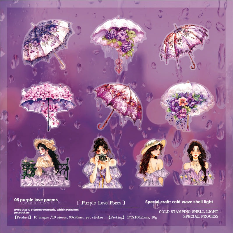 0729 Girl and flower umbrella PET Sticker -10Pcs each pack