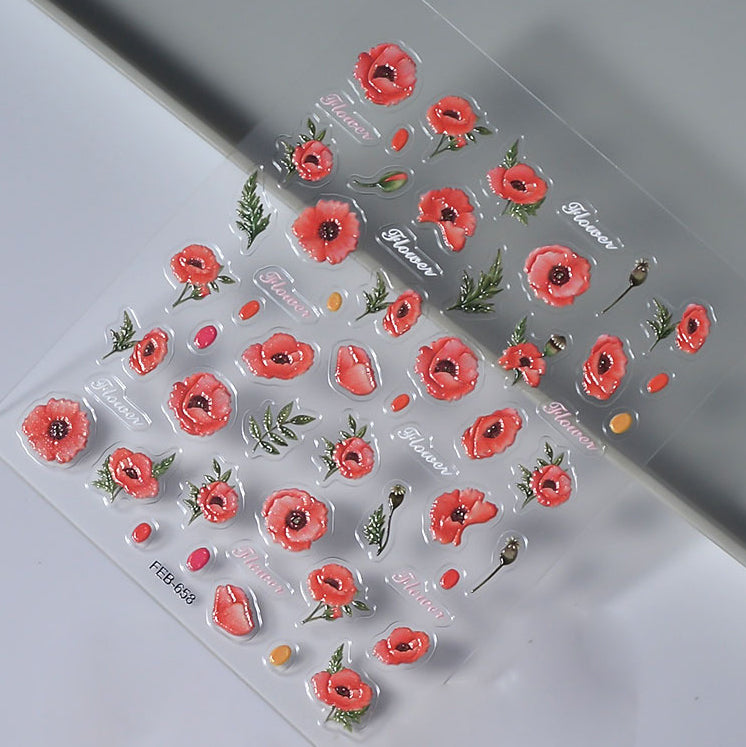 0918 M218- Red Flower Embossed Mini sticker 1 Pcs