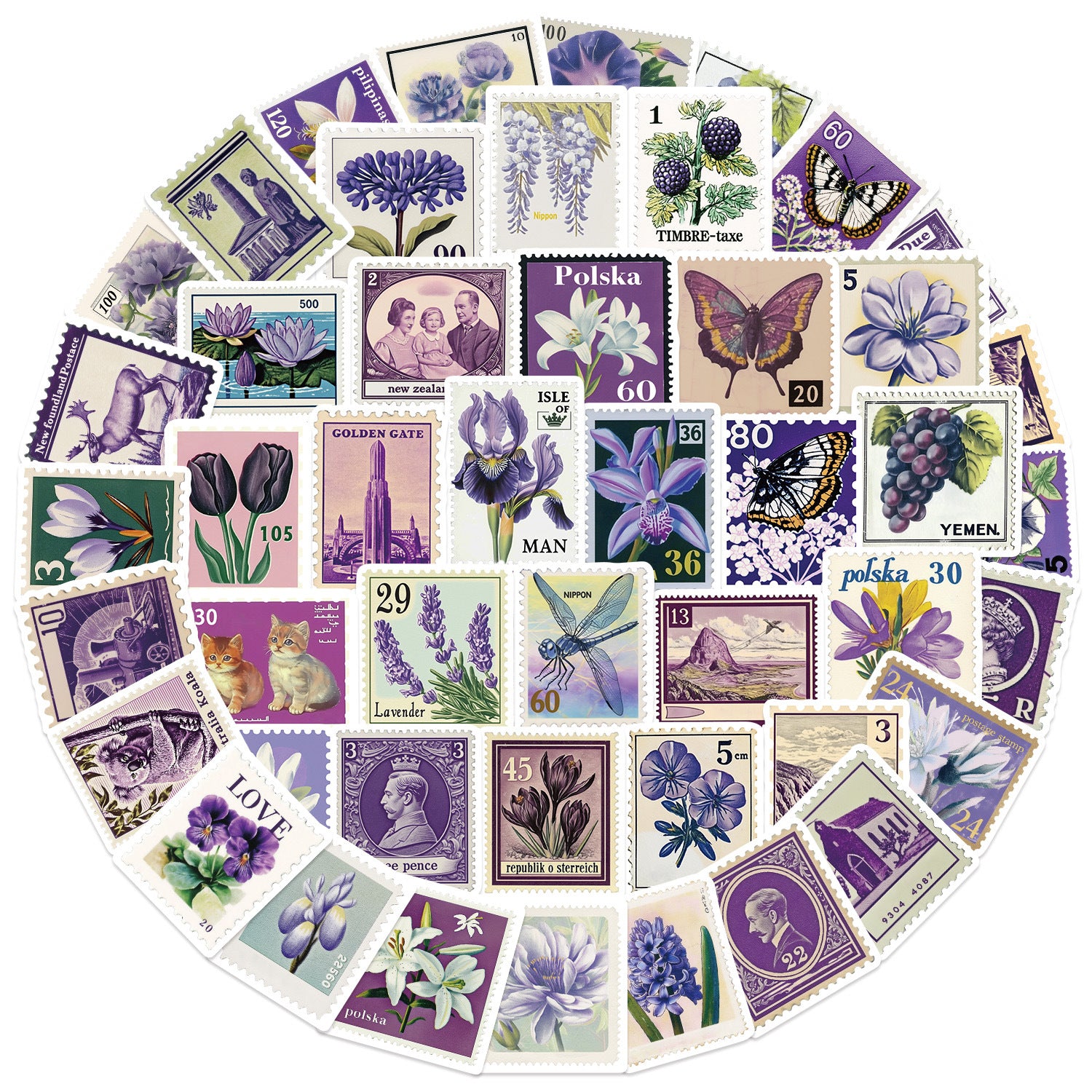 0910 50 Purple vintage stamp stickers solid with white border