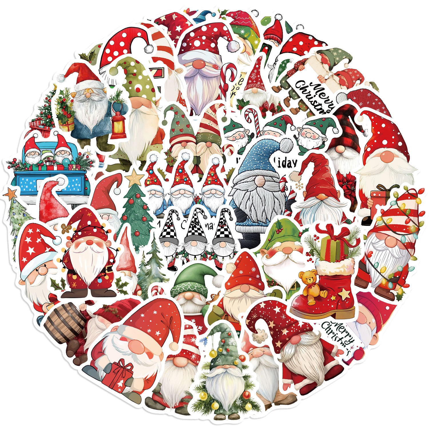 0918 50 Christmas gnome stickers solid with white border
