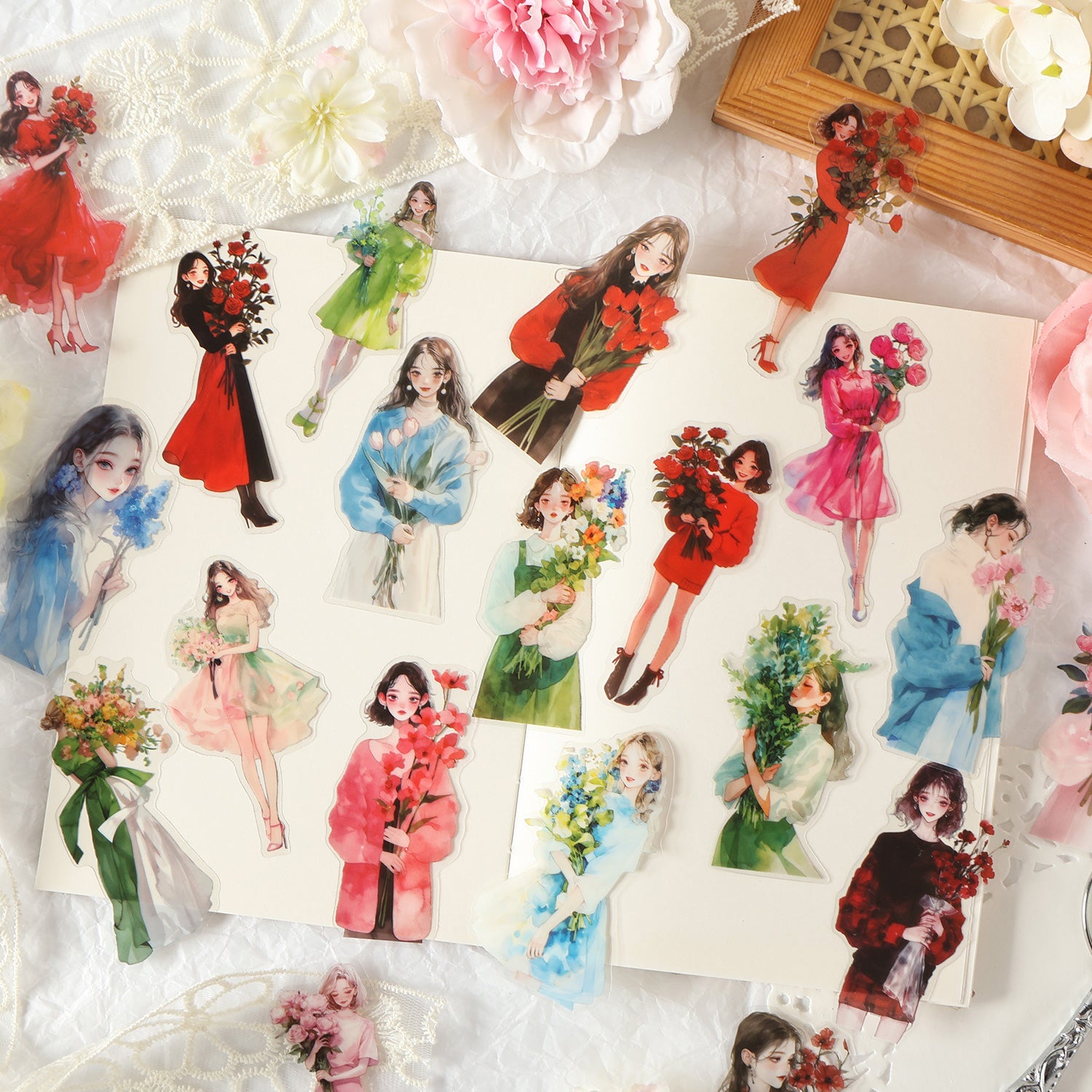 0913 Flower and girl PET Sticker -15Pcs each pack