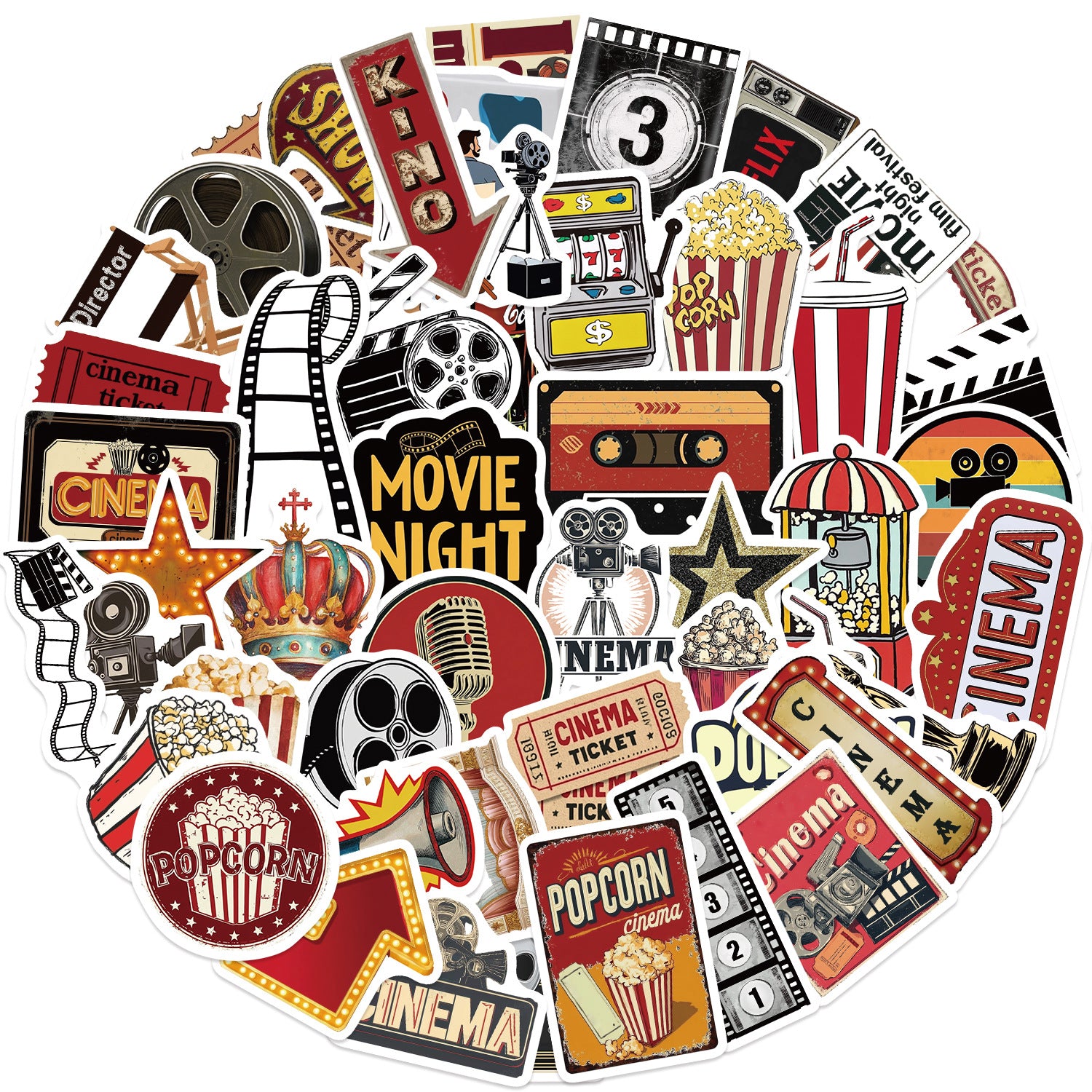 1223 50 Vintage Movie material Stickers solid with white border