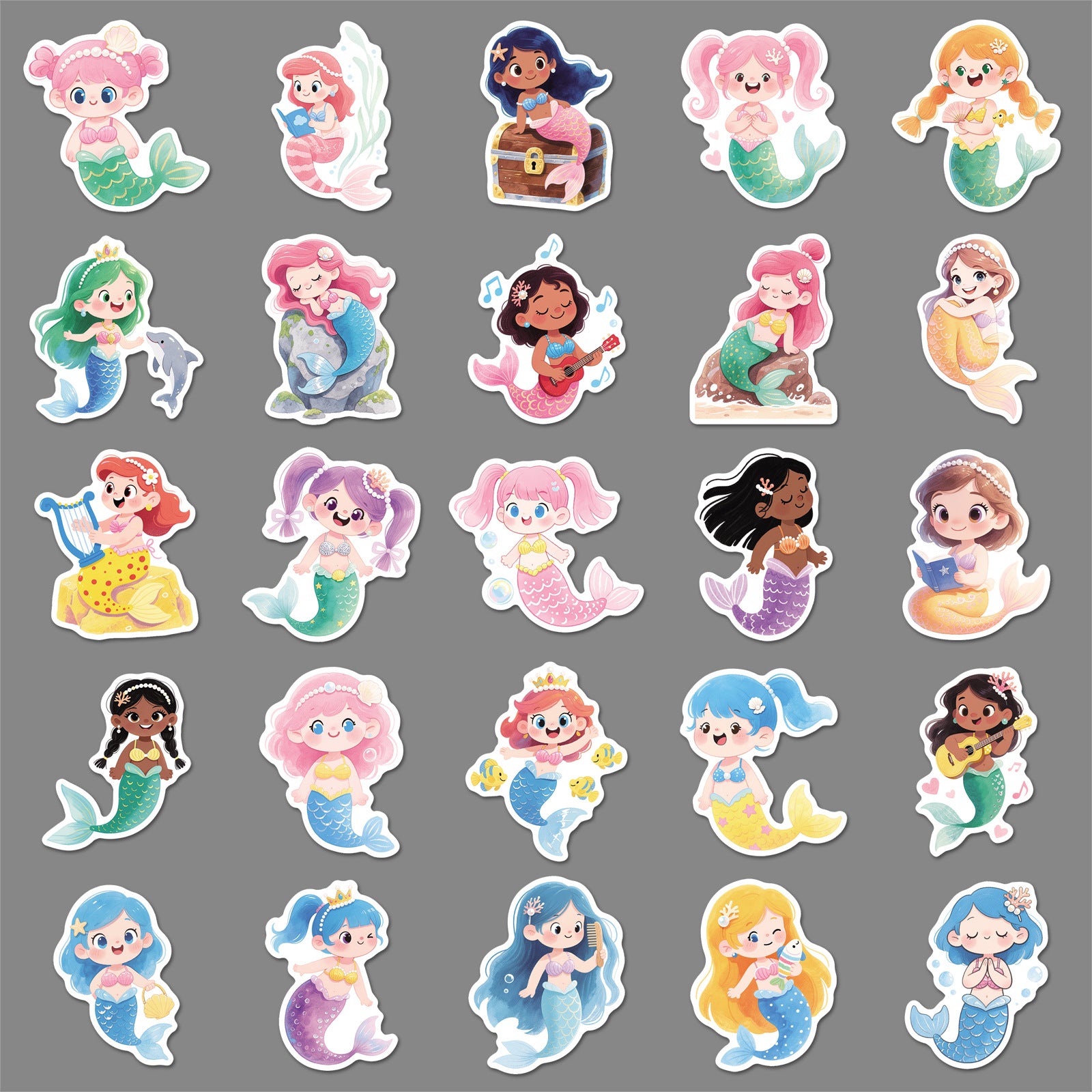 0723 50 Cartoon Mermaid Stickers solid with white border