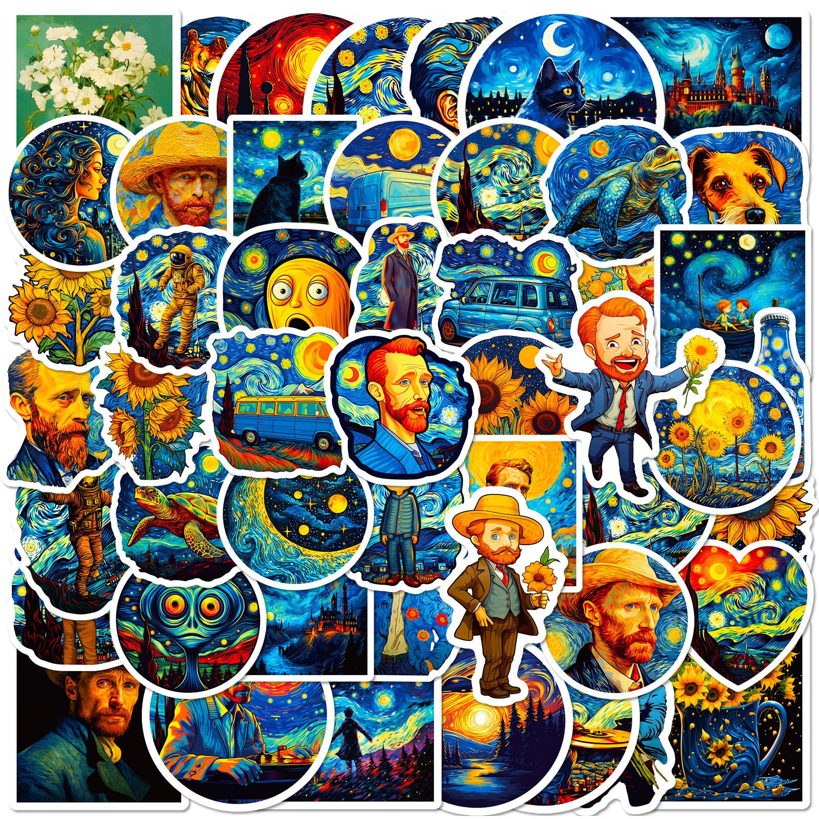 50 Van gogh Starry Night Solid Sticker With White Border