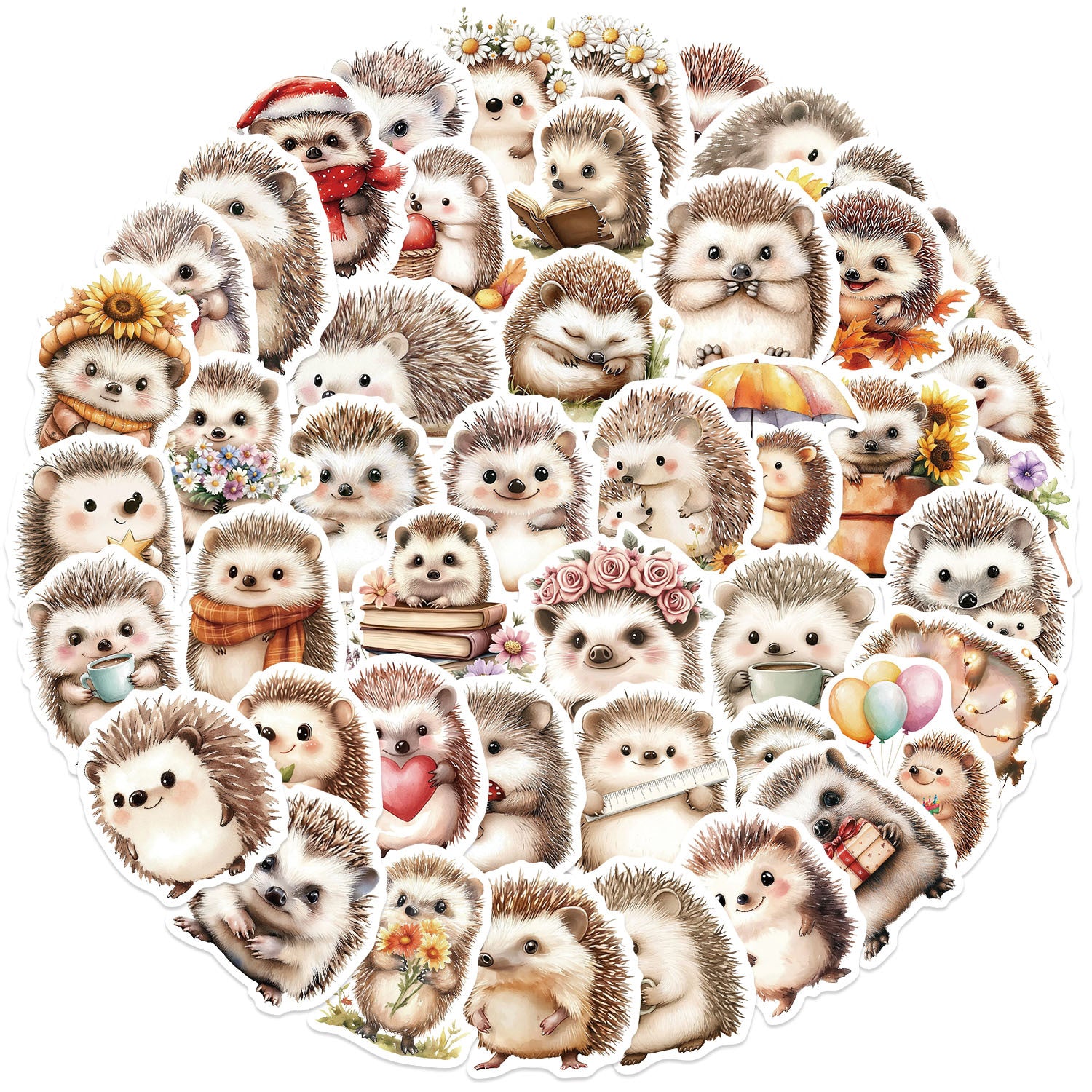1208 50 Cartoon hedgehog Stickers solid with white border
