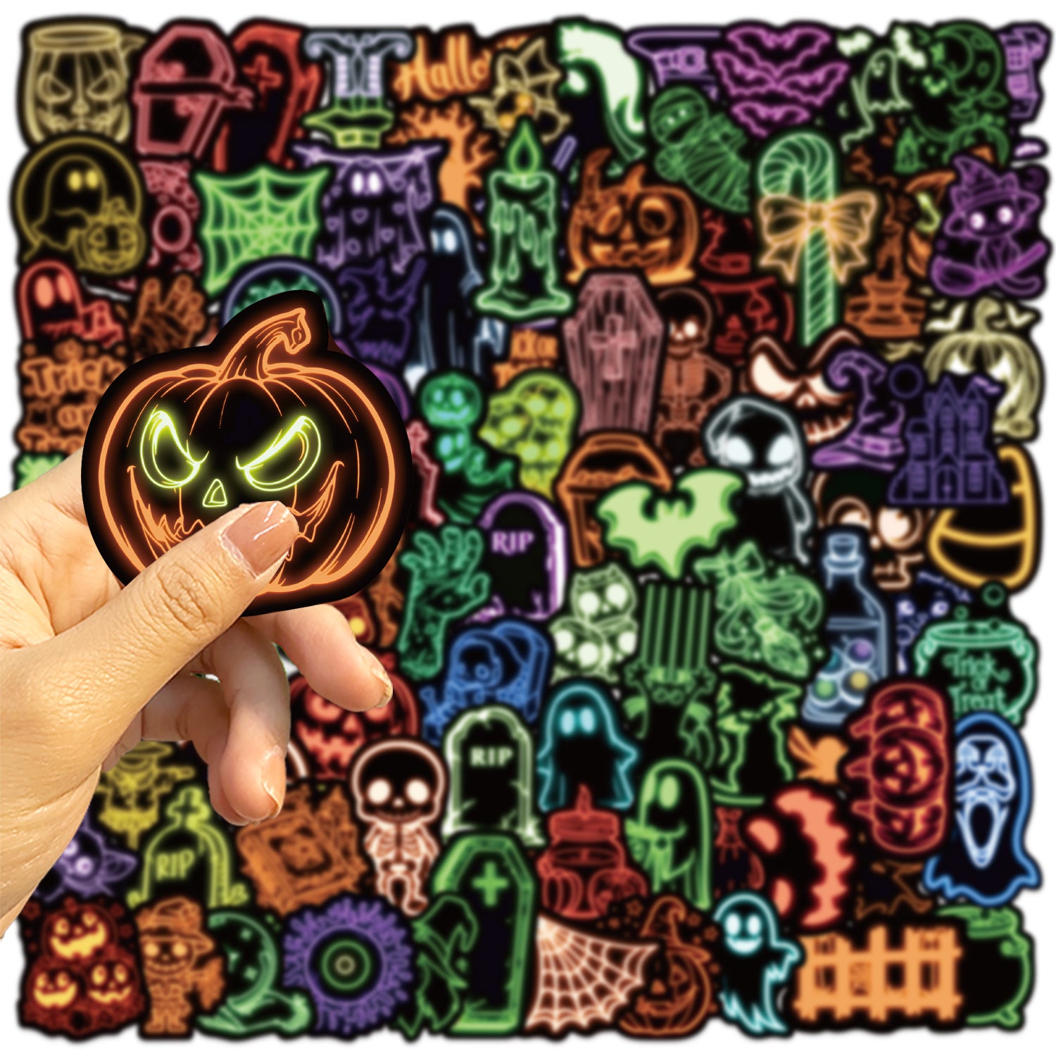 0903 100 Cartoon neon Halloween Stickers solid with black border