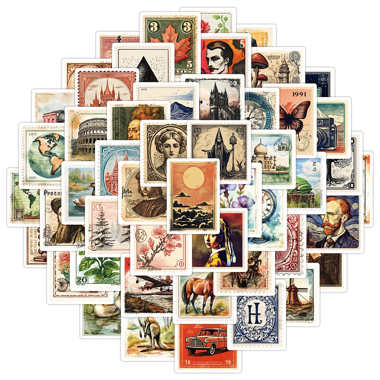 0221 Vintage Stamp solid sticker with white border -50Pcs each pack
