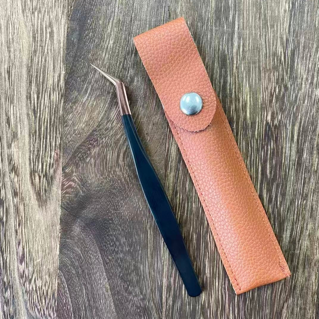 0912 Rose gold tweezers with PU leather case *Curved tweezer head