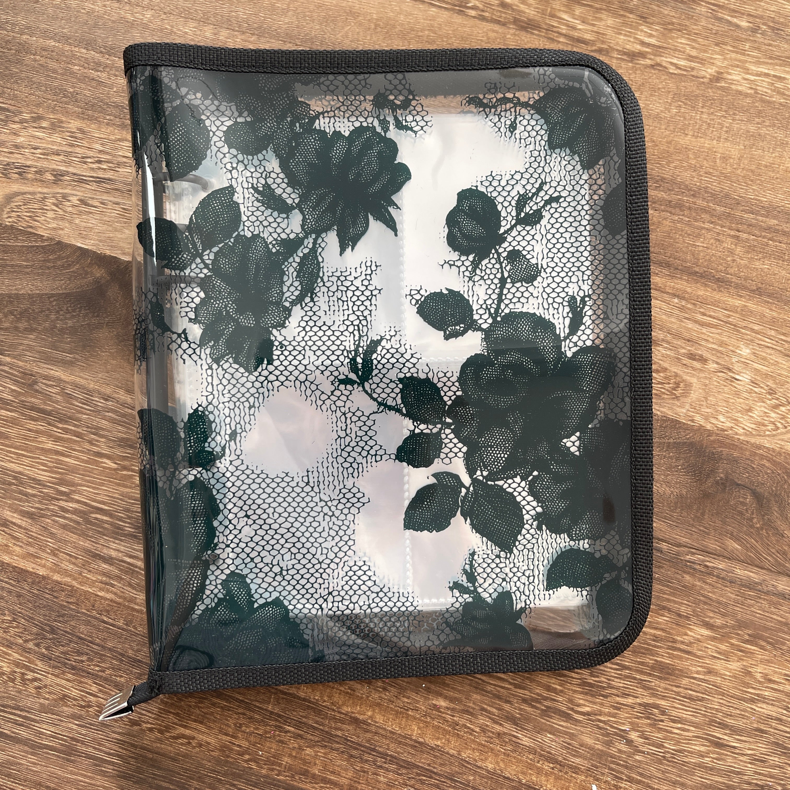 A5 Black lace rose clear binder with Zipper + 50 Pcs pocket insert, ATC cards storage book