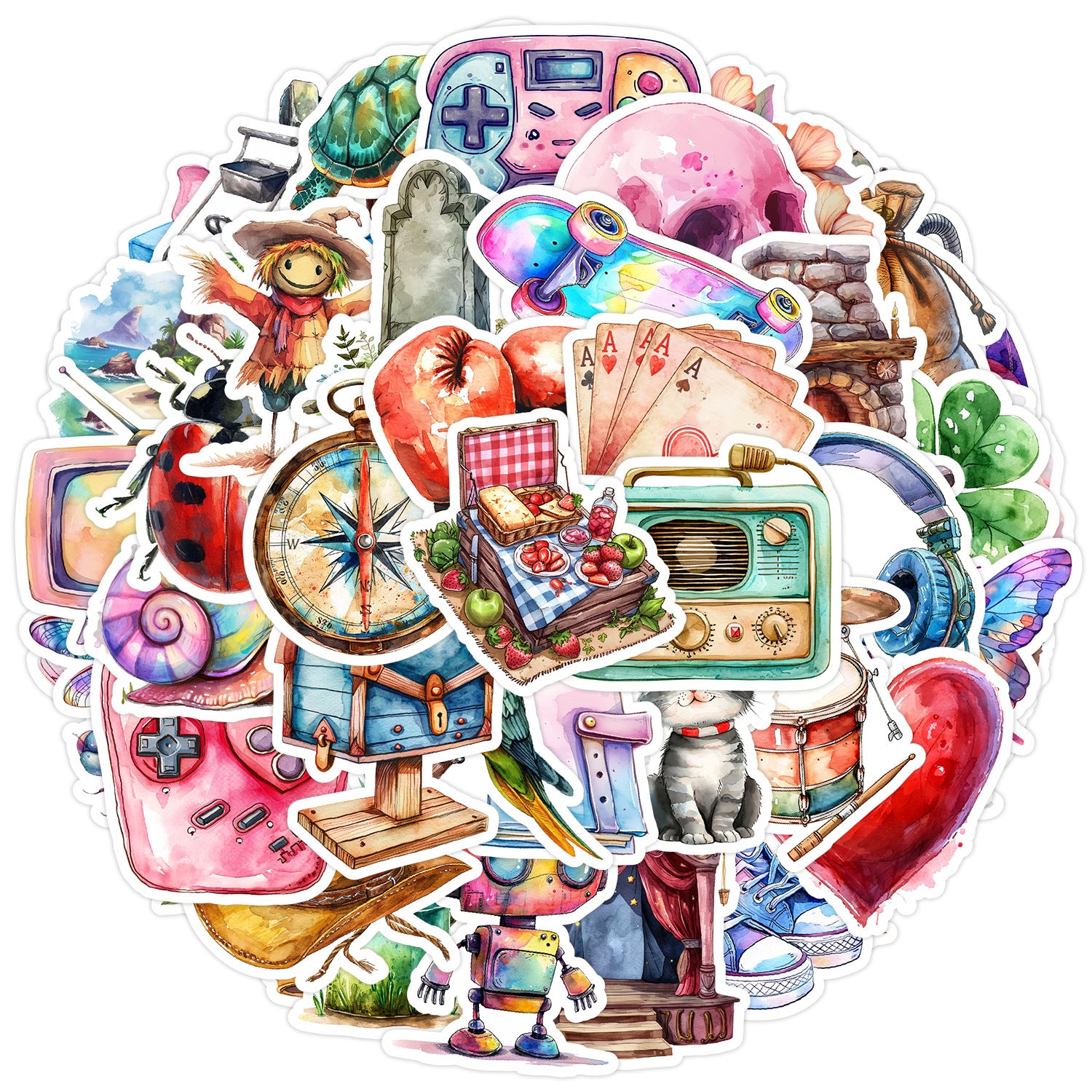 0221 Watercolor Clip Art solid sticker with white border -50Pcs each pack