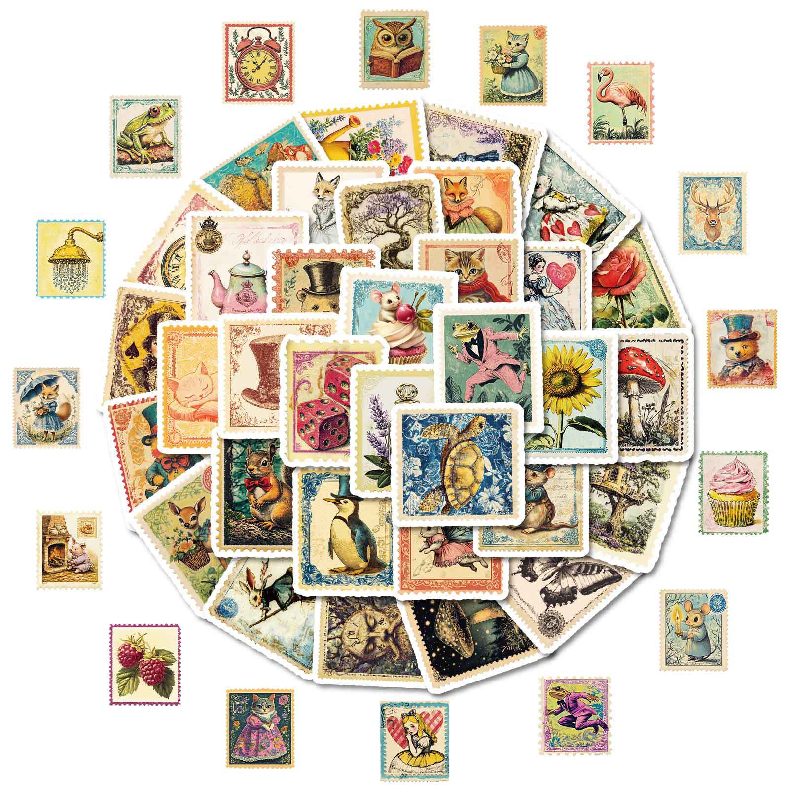 0221 Vintage Style Stamp solid sticker with white border -50Pcs each pack