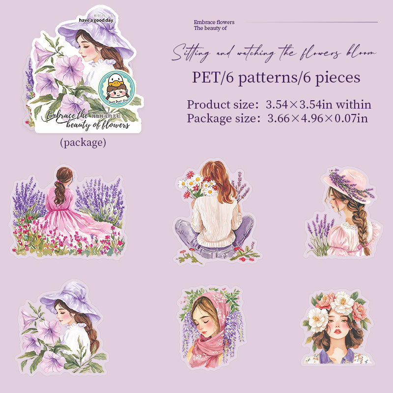 0625 Flowers and girl PET Sticker -6Pcs each pack