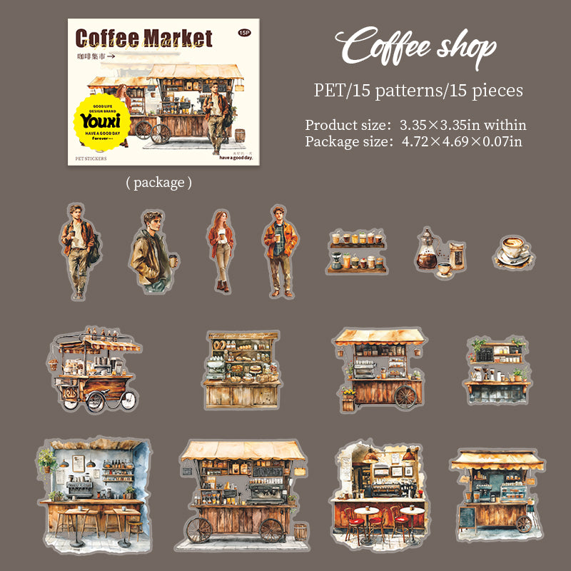 0529 Coffee bazaar PET Sticker -15Pcs each pack