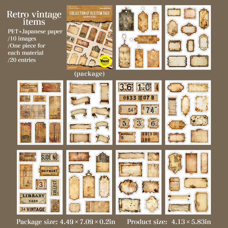 0723 Vintage old things PET & Washi *pre-cut Sticker Book -20Pcs each pack