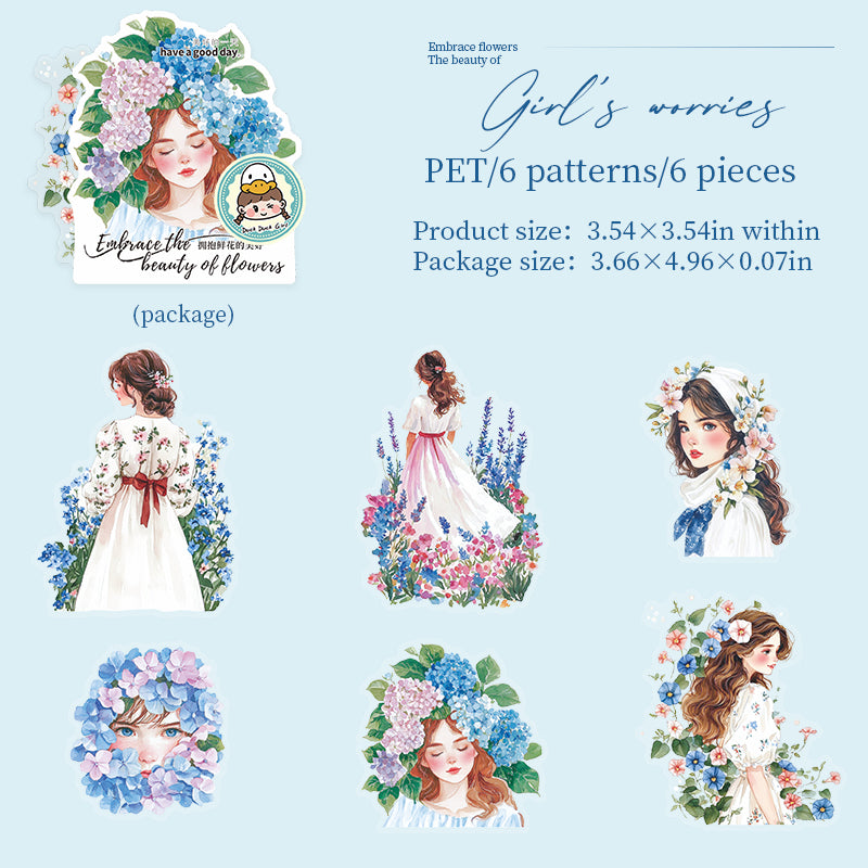 0625 Flowers and girl PET Sticker -6Pcs each pack