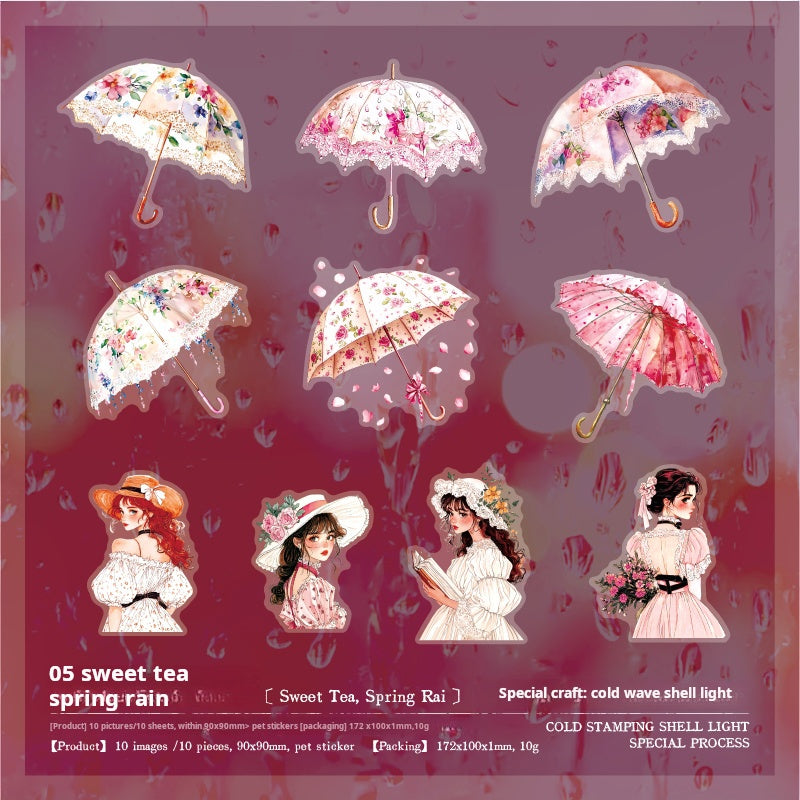 0729 Girl and flower umbrella PET Sticker -10Pcs each pack