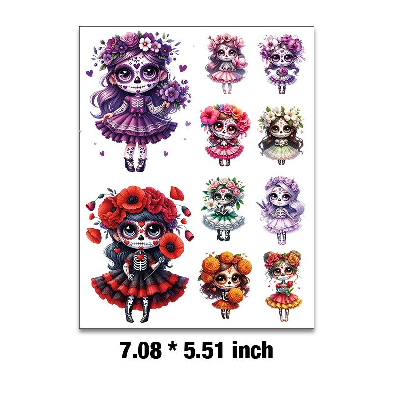E-76- Flower skull girl Embossed sticker 1 Pcs