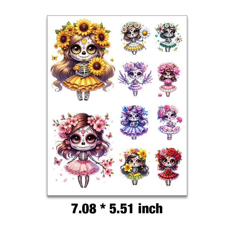 E-77- Flower skull girl Embossed sticker 1 Pcs