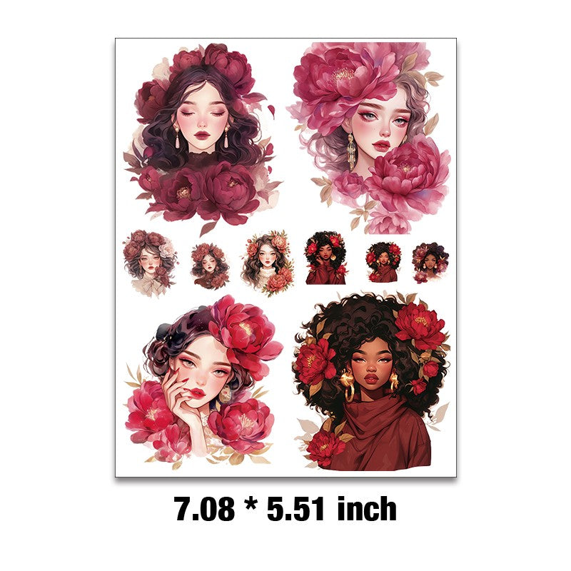 E-78- Fantasy maroon peony girl Embossed sticker 1 Pcs