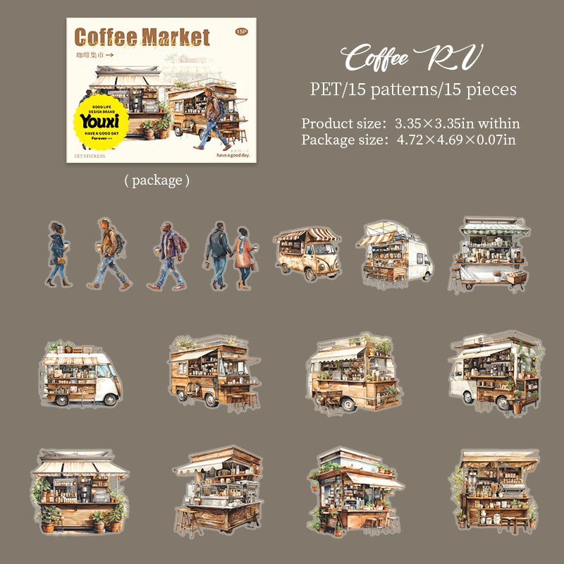 0529 Coffee bazaar PET Sticker -15Pcs each pack