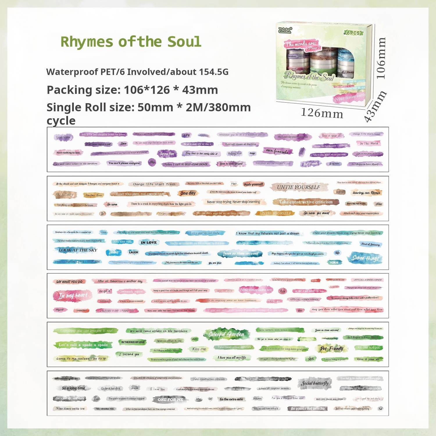 1215 Colorful slogans PET Tape Set *pre-cut 6 rolls 5cm*2m