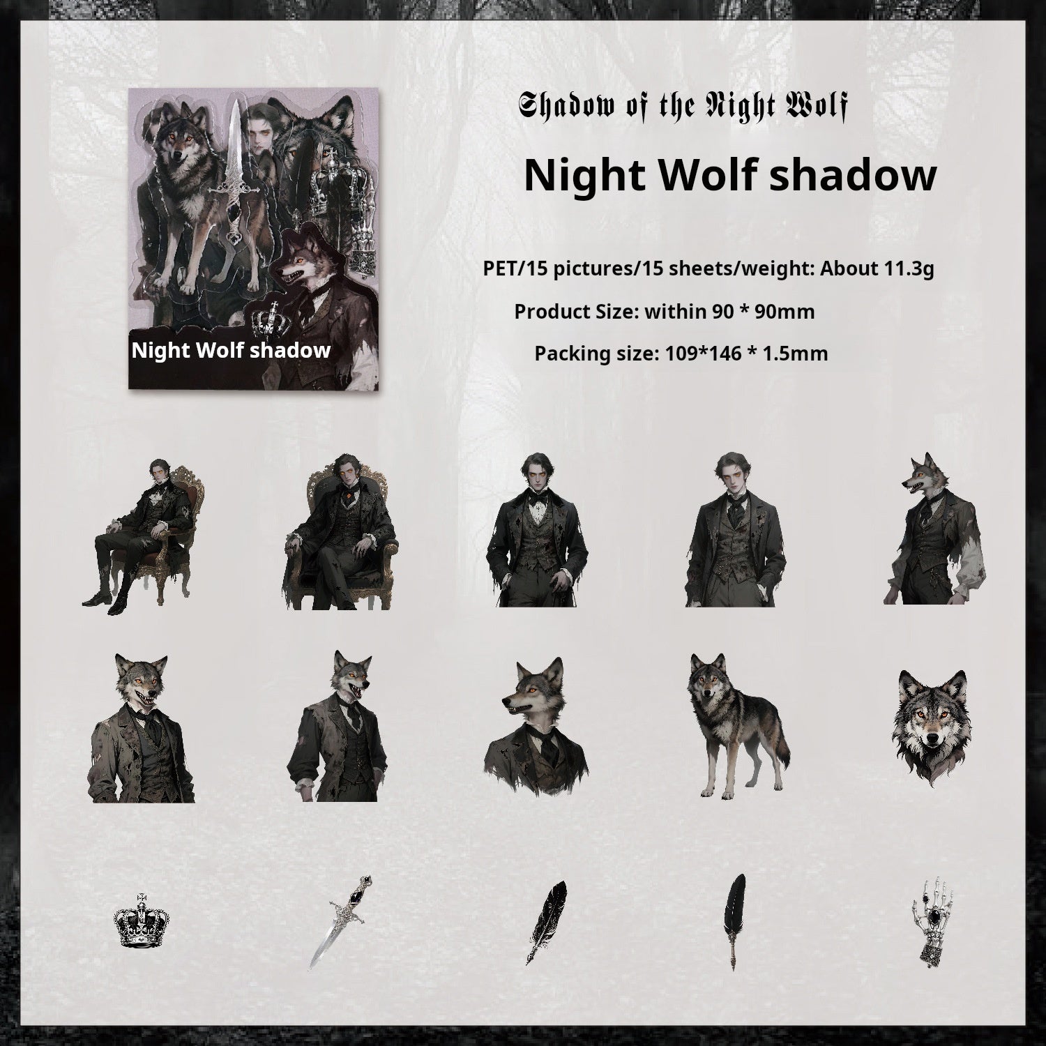 1101 Gothic character PET sticker -15Pcs each pack