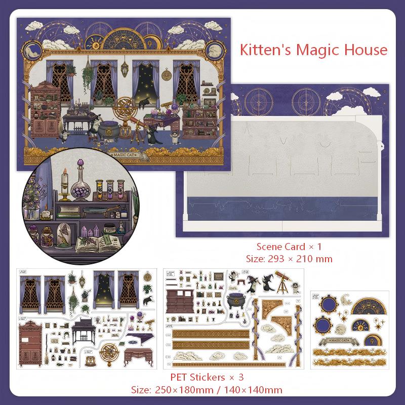 Kittens & Puppies' Little House scene stickers (White Card & PET) -4pcs each pack