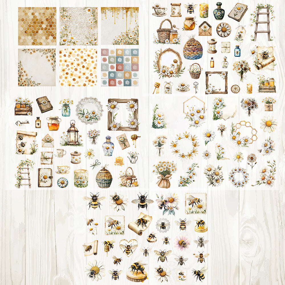 A4 Honey bee and daisy matte PET pre-cut large sticker 1 pack 5 sheets