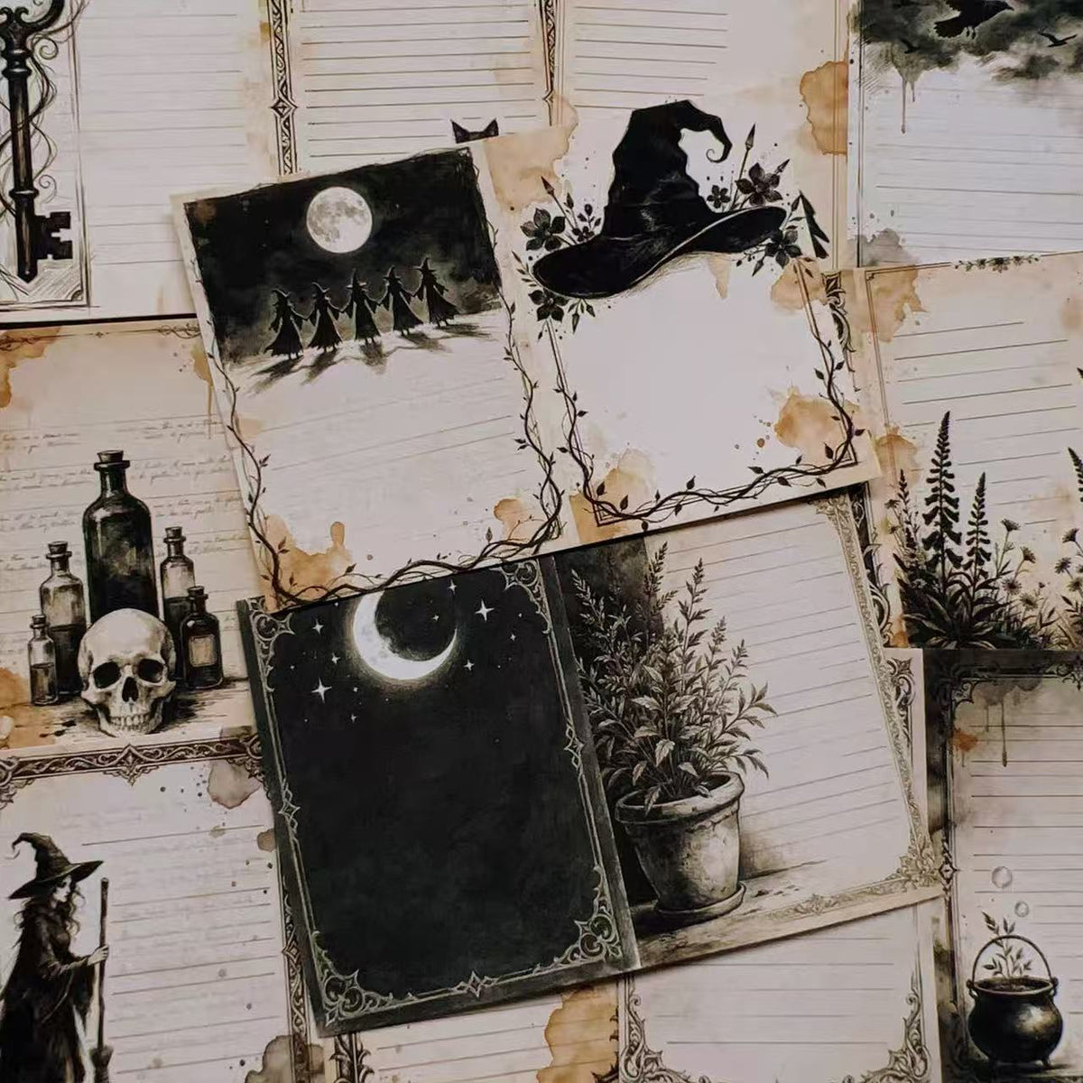 A4 size Vintage Dark Moonlit Halloween Style paper 4 pcs (Uncut, with white borders)