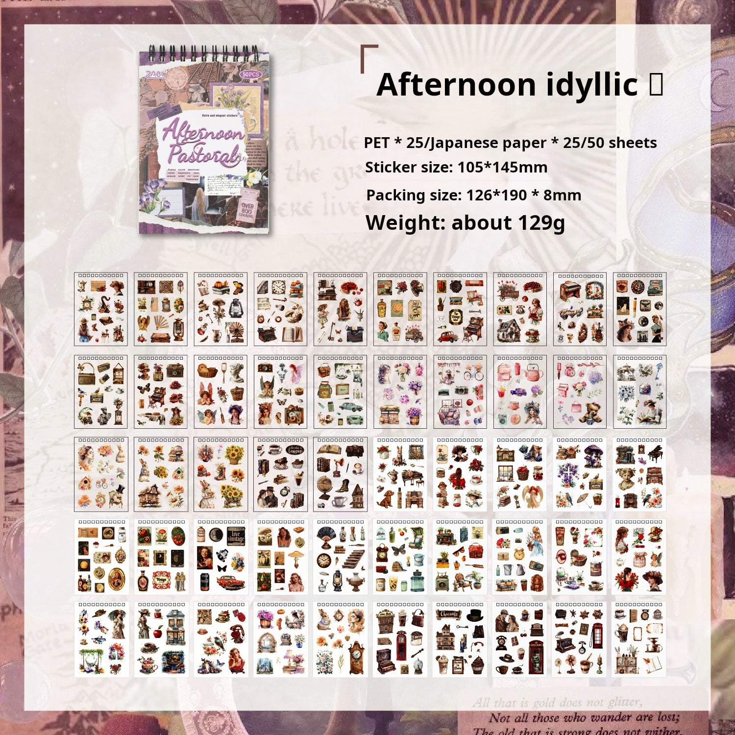 0726 Vintage PET & Washi Sticker Book -50Pcs each pack