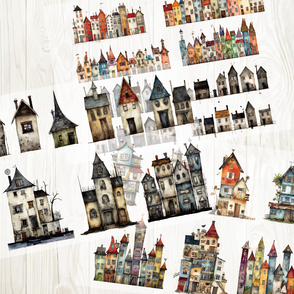 A4 Spooky houses matte PET pre-cut large sticker 1 pack 3 sheets