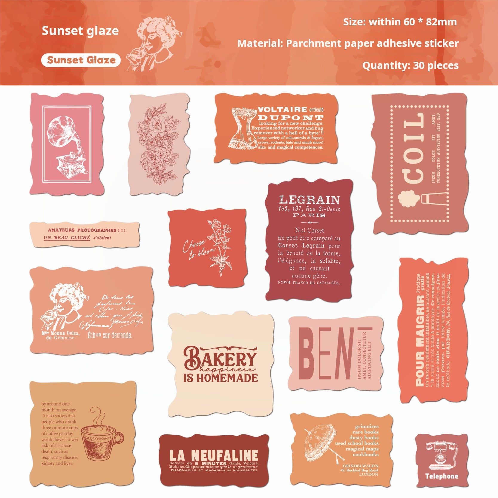 0620 Vintage label vellum paper Sticker -30Pcs each pack