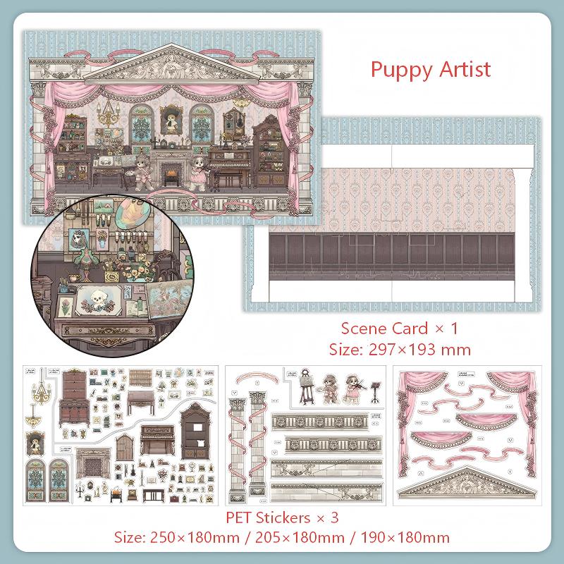 Kittens & Puppies' Little House scene stickers (White Card & PET) -4pcs each pack