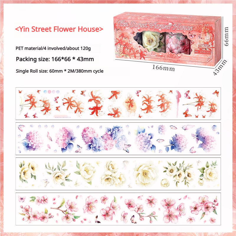 0628 Flowers PET Tape Set *pre-cut 4 rolls 6cm*2m