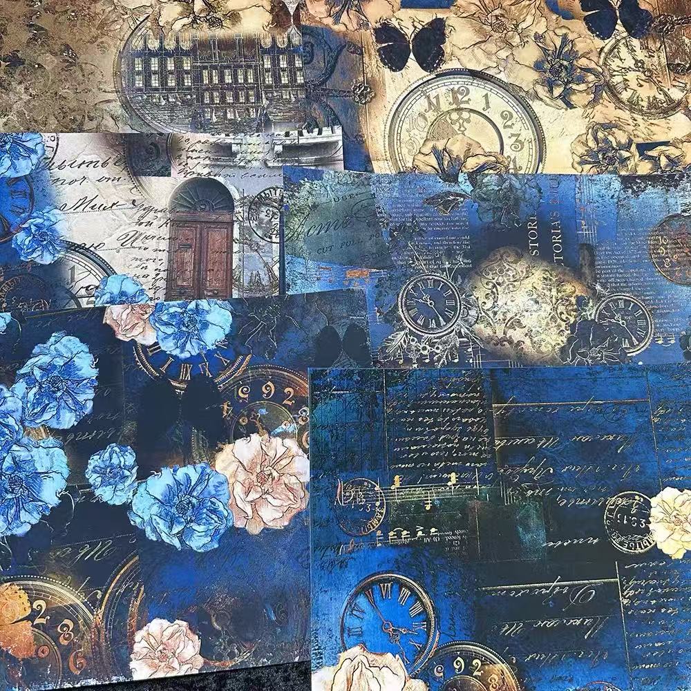 1021 A4 size Vintage blue flower Style Paper 6 pcs