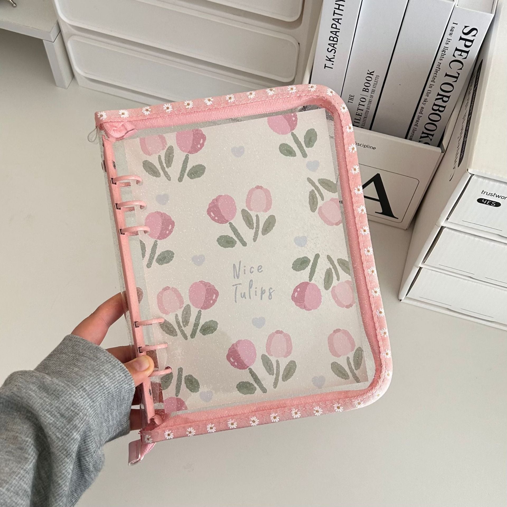 0701 A5 Glitter clear binder with Zipper and flower pattern border *not contain insert pages
