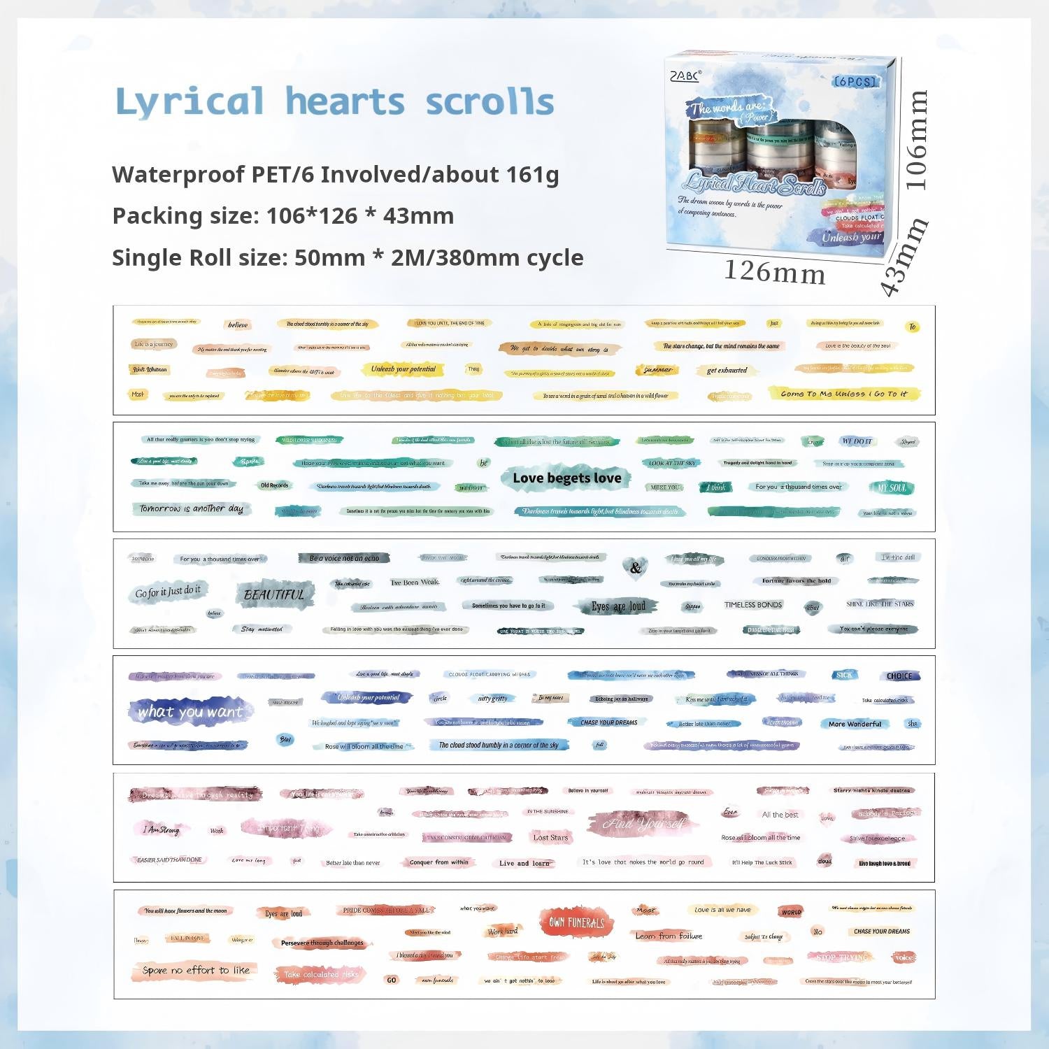 1215 Colorful slogans PET Tape Set *pre-cut 6 rolls 5cm*2m