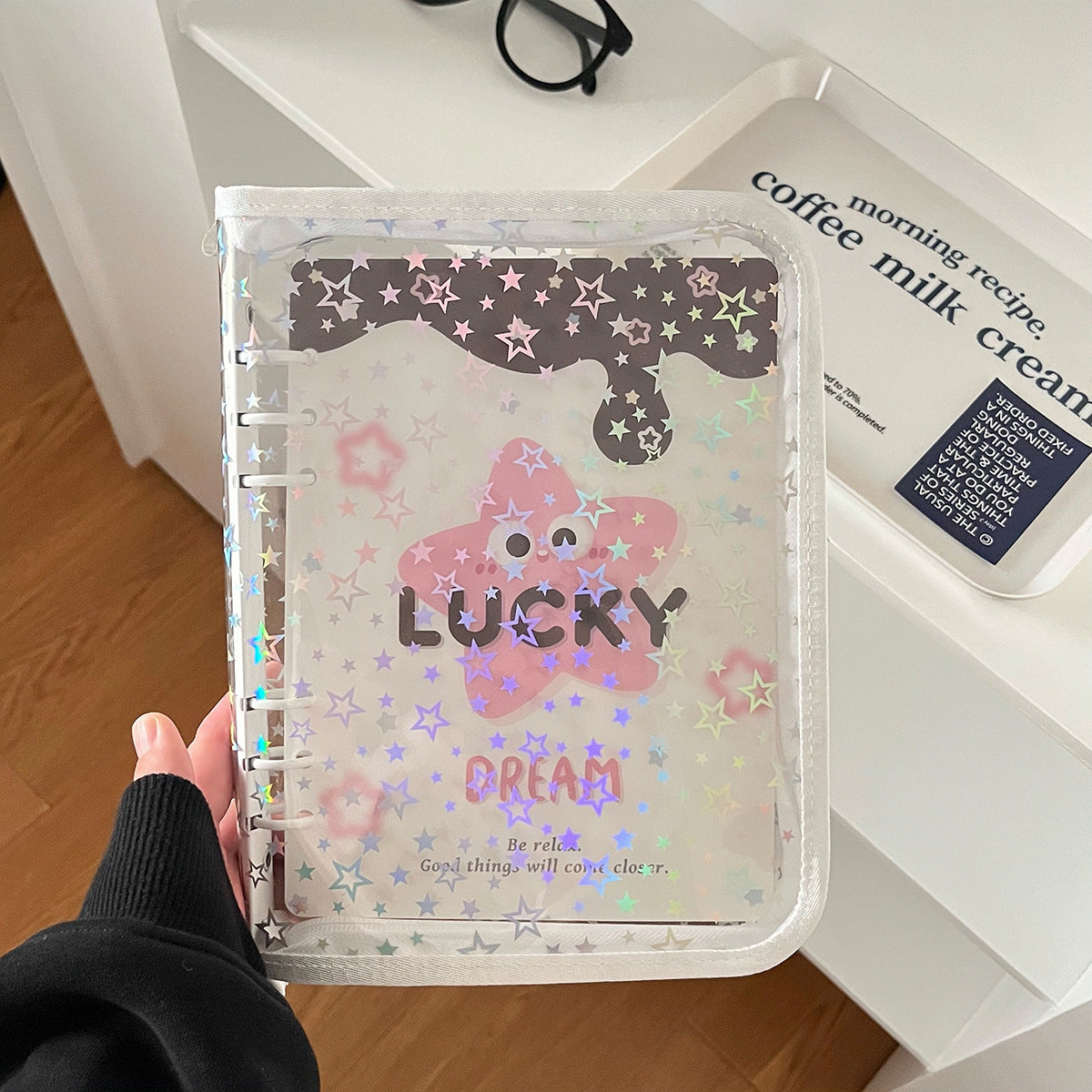 0701 A5 Glitter Stars clear binder with Zipper *not contain insert pages