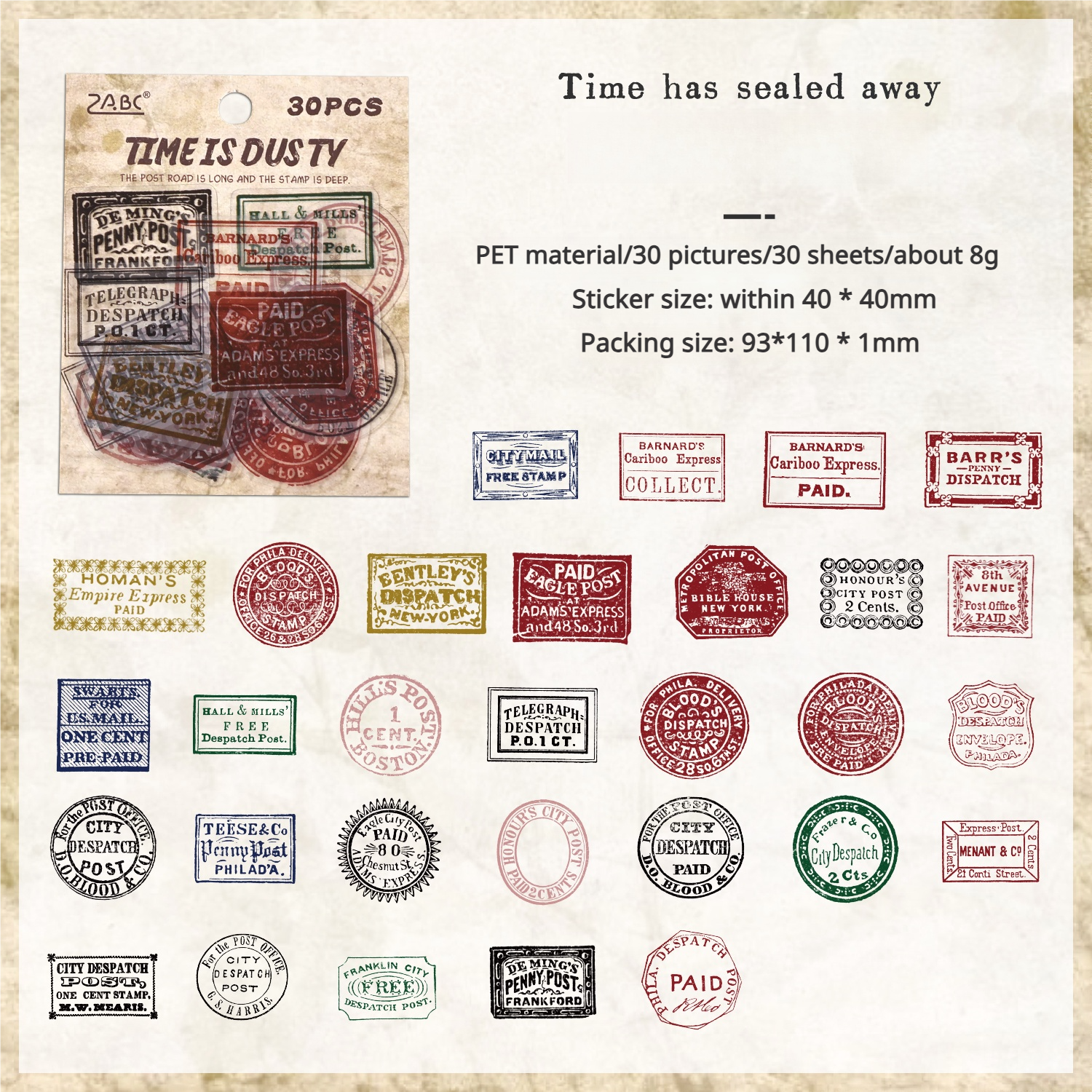 0717 Vintage stamp PET sticker -30Pcs each pack