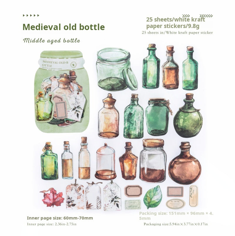 0803 Vintage bottles Solid Sticker -25Pcs each pack