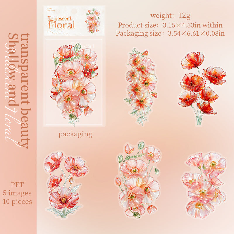 Iridescent Floral PET Stickers -10Pcs each pack