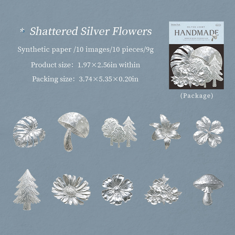 Silver Glow Handcrafted Synthetic Paper Embossed Stickers -10Pcs each pack