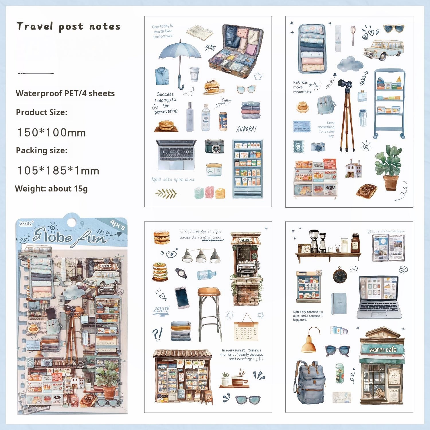 0910 Travel diary PET Sticker -4Pcs each pack