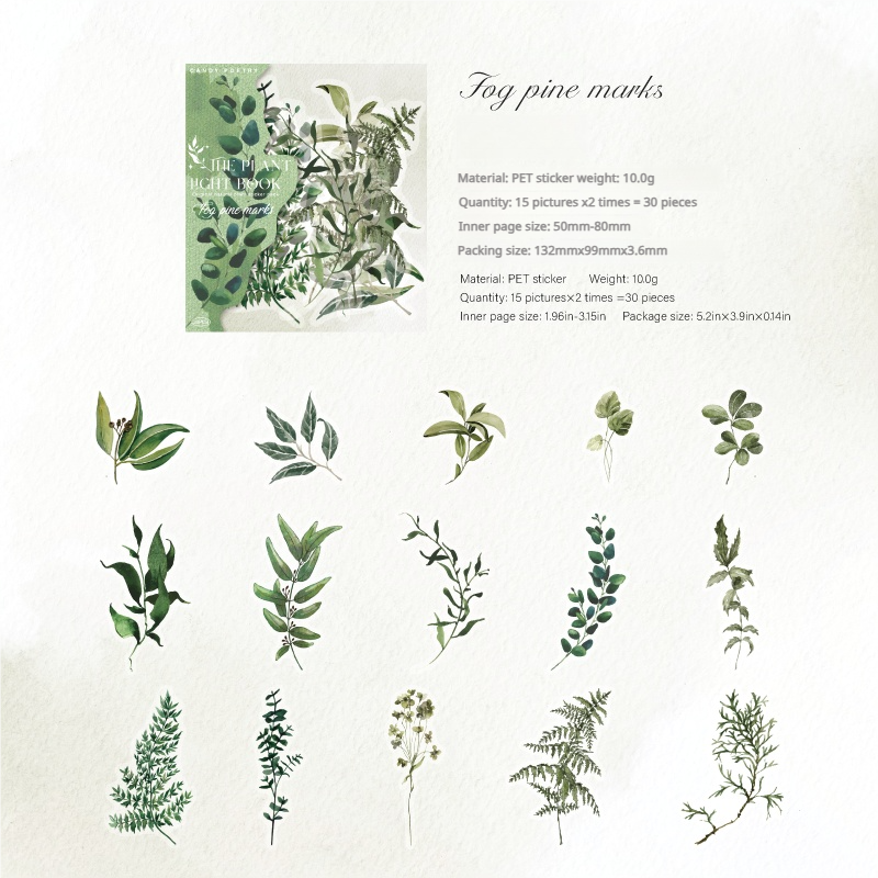 0719 Natural plants PET sticker -30Pcs each pack