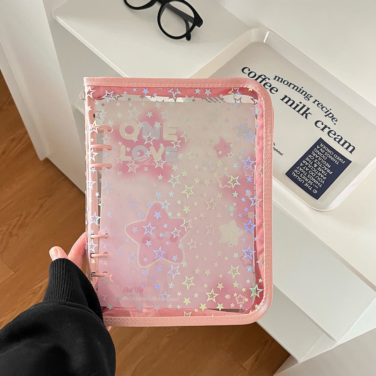 0701 A5 Glitter Stars clear binder with Zipper *not contain insert pages