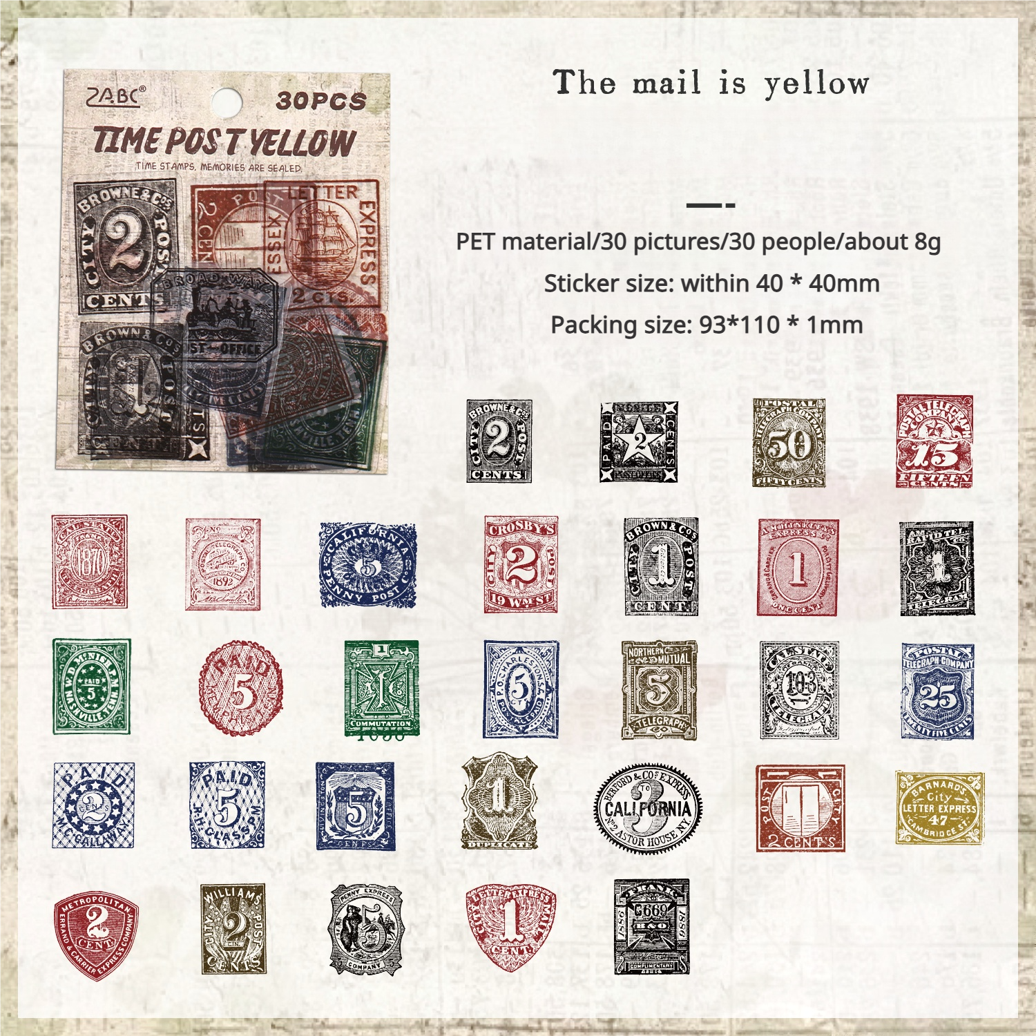 0717 Vintage stamp PET sticker -30Pcs each pack